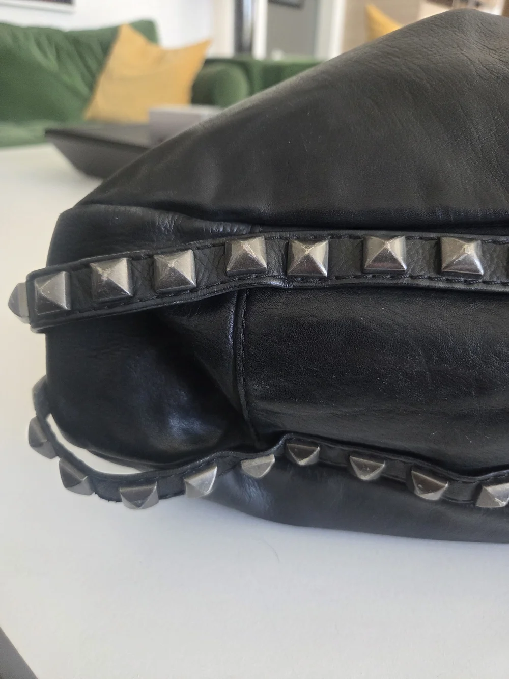 Rebecca Minkoff Studded Hobo Black Leather Pyramid Studs, Cardinal Bird Lining - Picture 7 of 11